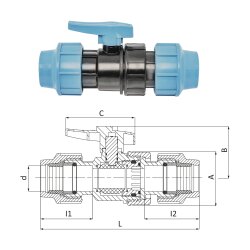 Unidelta PP Kugelhahn mit beidseitigem Klemmanschluss