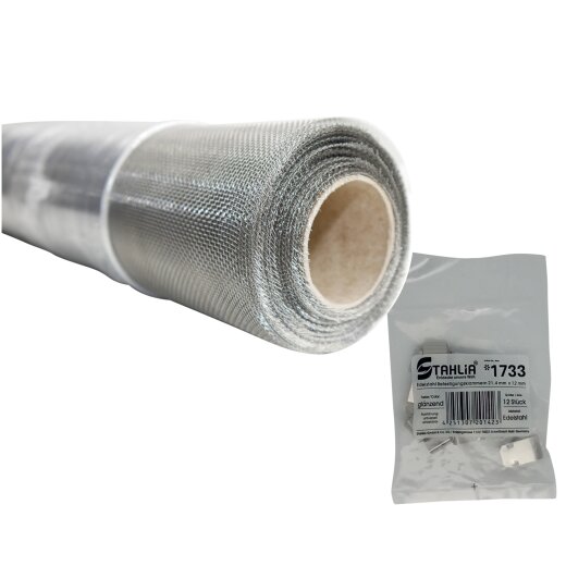 Edelstahlgewebe V2A , 60 cm breit, mit 12/24 Edelstahlklammern für Lichtschachtabdeckung